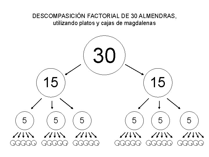 DESCOMPASICIÓN FACTORIAL DE 30 ALMENDRAS, utilizando platos y cajas de magdalenas 30 15 5