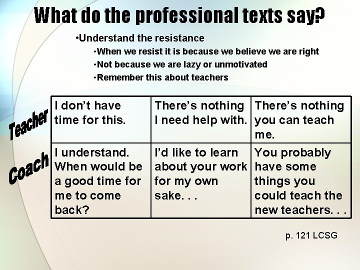 What do the professional texts say? • Understand the resistance • When we resist