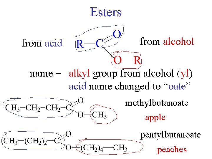 Esters from acid from alcohol name = alkyl group from alcohol (yl) acid name