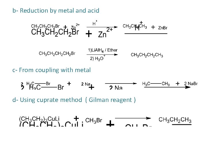 b- Reduction by metal and acid c- From coupling with metal d- Using cuprate b- Reduction by metal and acid c- From coupling with metal d- Using cuprate