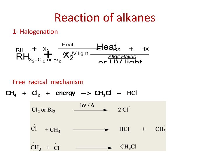 Reaction of alkanes 1 - Halogenation Free radical mechanism CH 4 + Cl 2 Reaction of alkanes 1 - Halogenation Free radical mechanism CH 4 + Cl 2