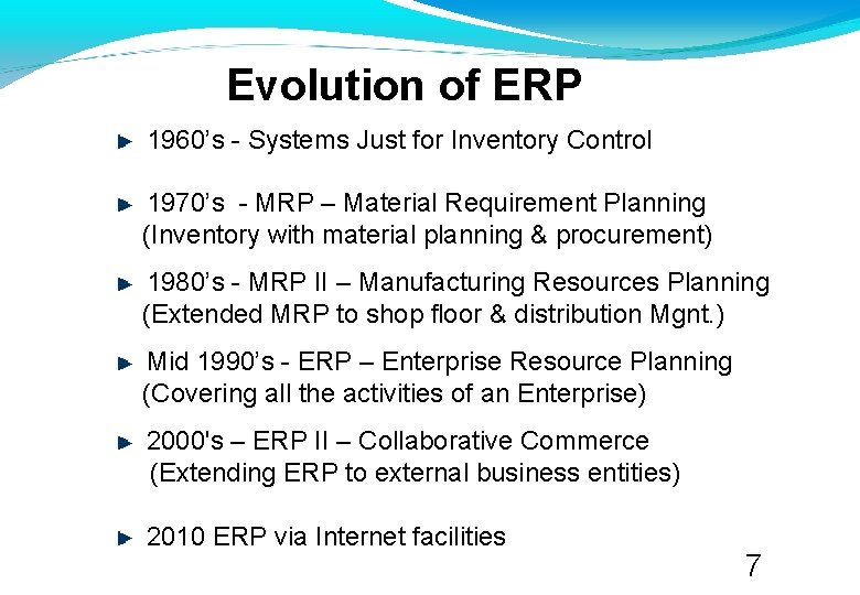 Evolution of ERP 1960’s - Systems Just for Inventory Control 1970’s - MRP –