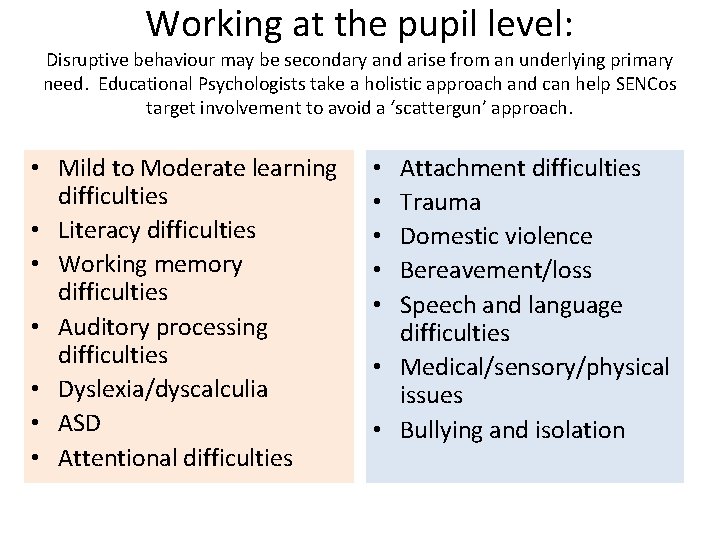 Working at the pupil level: Disruptive behaviour may be secondary and arise from an