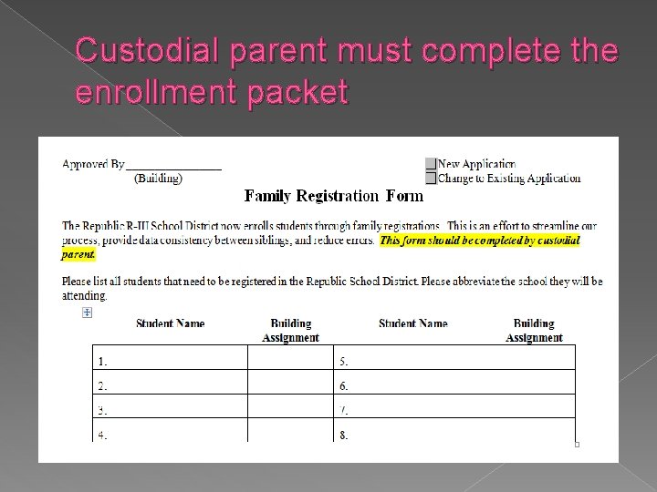 Custodial parent must complete the enrollment packet 