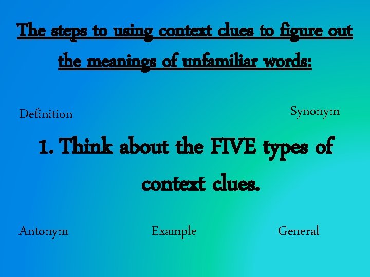 The steps to using context clues to figure out the meanings of unfamiliar words: