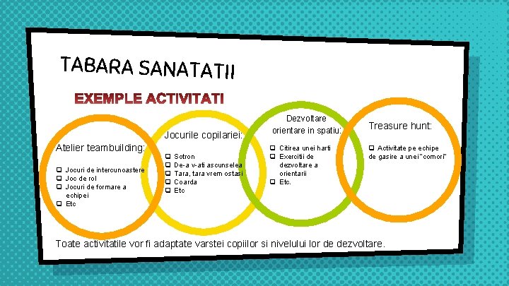 TABARA SANATATII Jocurile copilariei: Atelier teambuilding: q Jocuri de intercunoastere q Joc de rol
