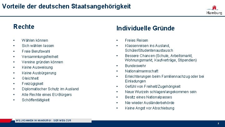 Vorteile der deutschen Staatsangehörigkeit Rechte Individuelle Gründe • • • • Wählen können Sich