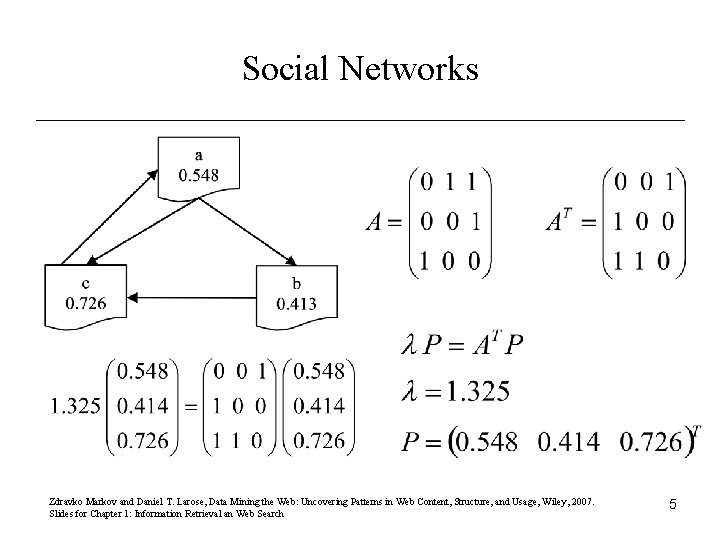 Social Networks Zdravko Markov and Daniel T. Larose, Data Mining the Web: Uncovering Patterns