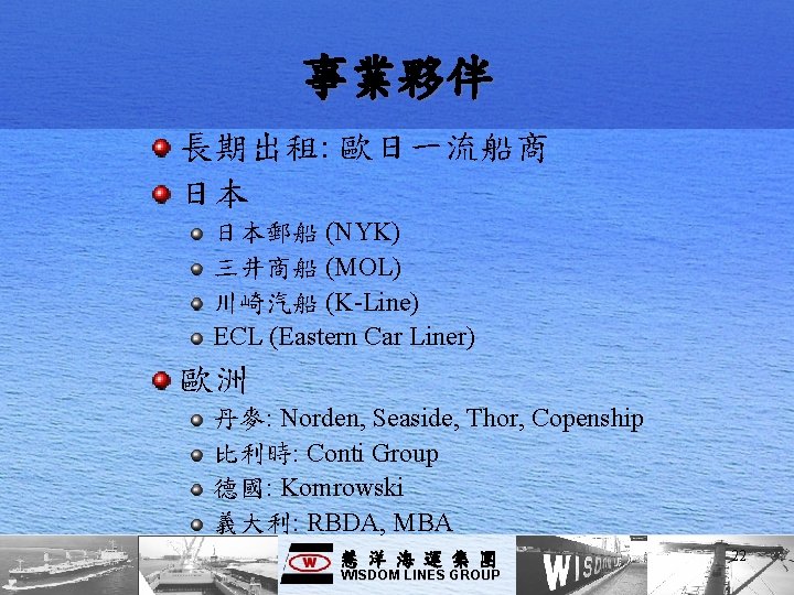 事業夥伴 長期出租: 歐日一流船商 日本 日本郵船 (NYK) 三井商船 (MOL) 川崎汽船 (K-Line) ECL (Eastern Car Liner)