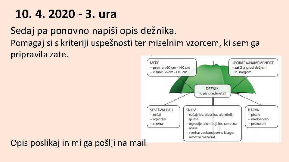 10. 4. 2020 - 3. ura Sedaj pa ponovno napiši opis dežnika. Pomagaj si
