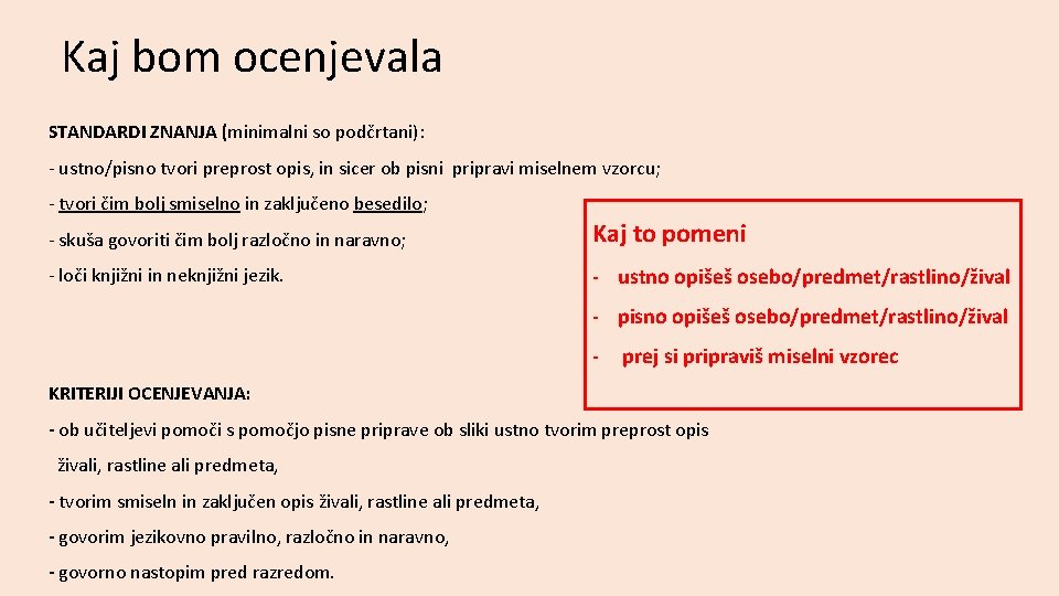 Kaj bom ocenjevala STANDARDI ZNANJA (minimalni so podčrtani): - ustno/pisno tvori preprost opis, in