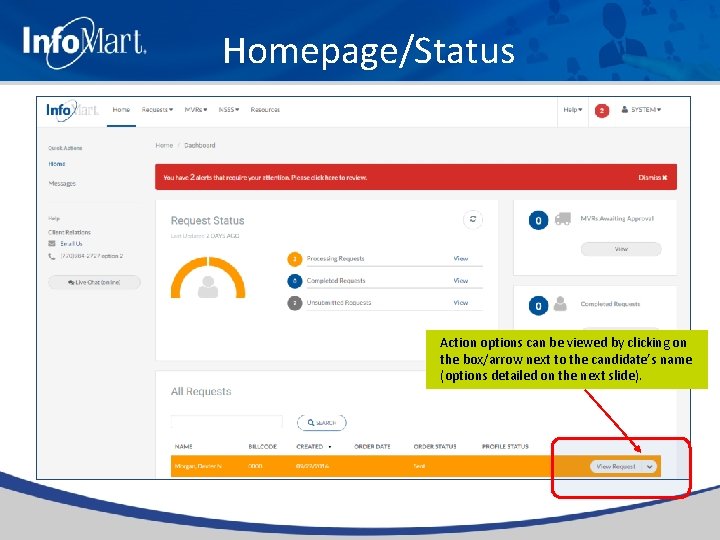Homepage/Status Action options can be viewed by clicking on the box/arrow next to the