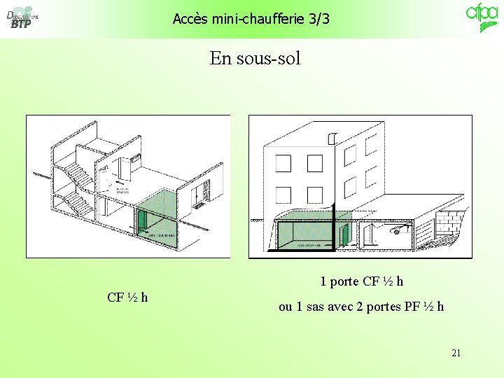 Accès mini-chaufferie 3/3 En sous-sol 1 porte CF ½ h ou 1 sas avec