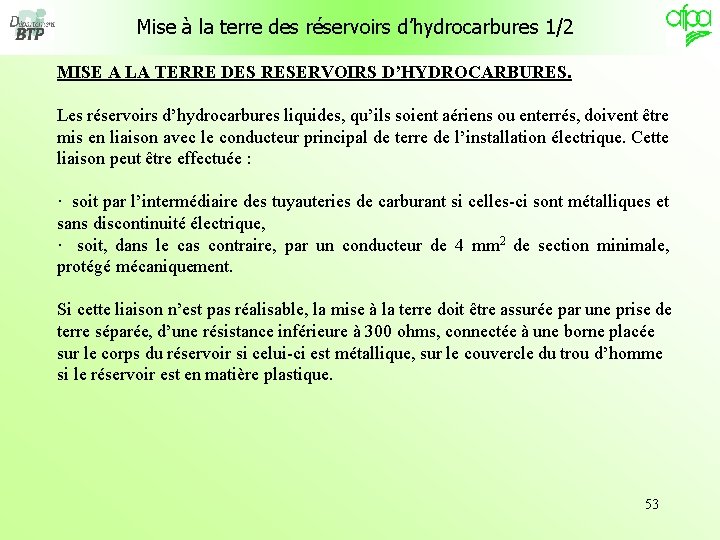 Mise à la terre des réservoirs d’hydrocarbures 1/2 MISE A LA TERRE DES RESERVOIRS