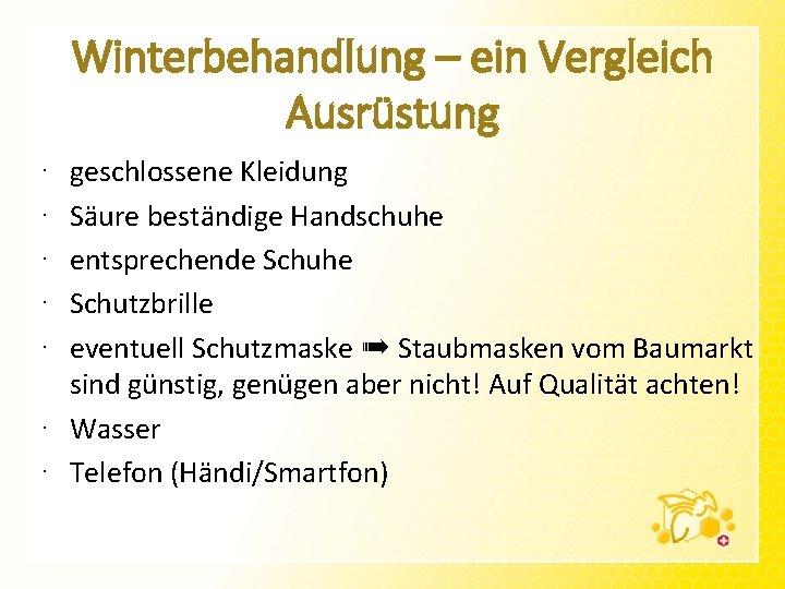 Winterbehandlung – ein Vergleich Ausrüstung geschlossene Kleidung Säure beständige Handschuhe entsprechende Schuhe Schutzbrille eventuell