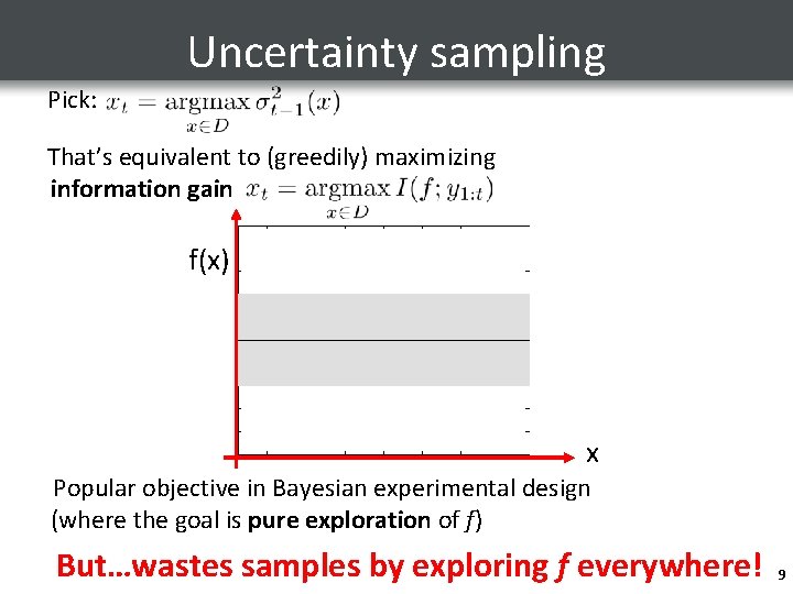 Uncertainty sampling Pick: That’s equivalent to (greedily) maximizing information gain f(x) x Popular objective