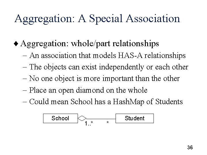 Aggregation: A Special Association ¨ Aggregation: whole/part relationships - An association that models HAS-A