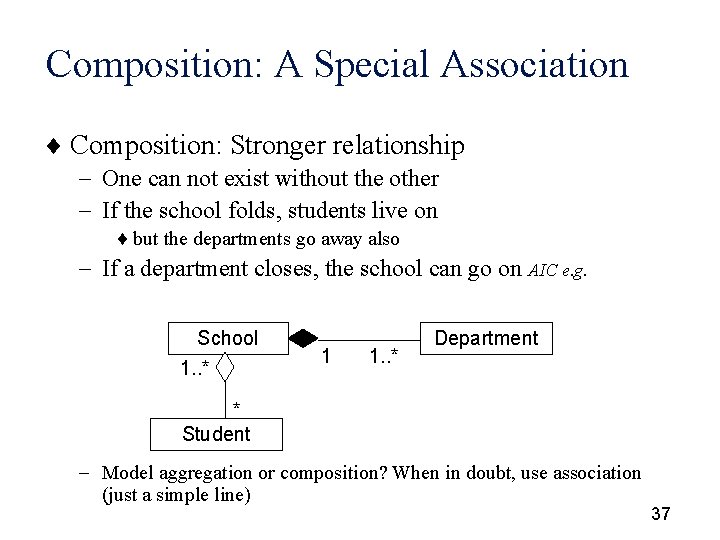 Composition: A Special Association ¨ Composition: Stronger relationship - One can not exist without