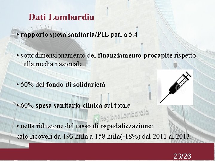Dati Lombardia • rapporto spesa sanitaria/PIL pari a 5. 4 • sottodimensionamento del finanziamento