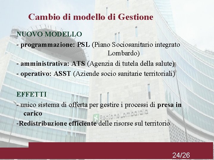 Cambio di modello di Gestione NUOVO MODELLO - programmazione: PSL (Piano Sociosanitario integrato Lombardo)