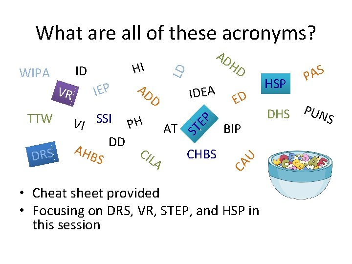 What are all of these acronyms? ED VI SSI PH AT BIP DD AHB