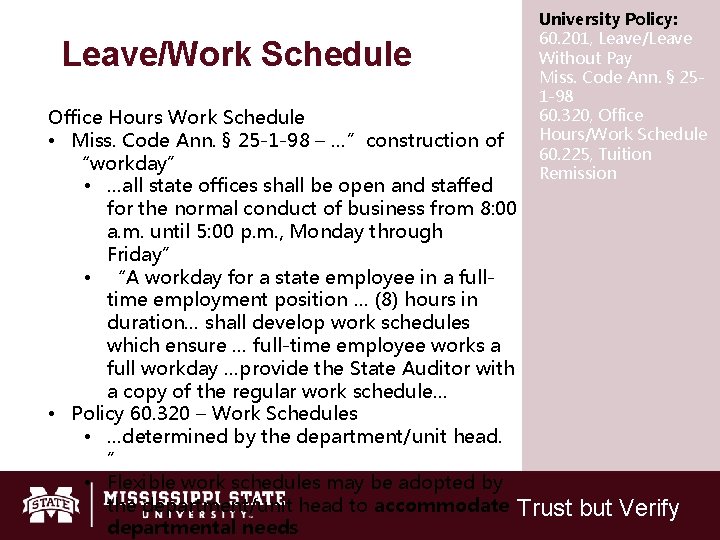 Leave/Work Schedule University Policy: 60. 201, Leave/Leave Without Pay Miss. Code Ann. § 251