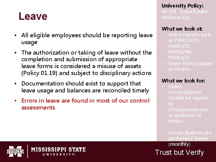 Leave • All eligible employees should be reporting leave usage • The authorization or