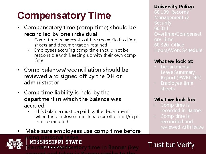 Compensatory Time • Compensatory time (comp time) should be reconciled by one individual Comp