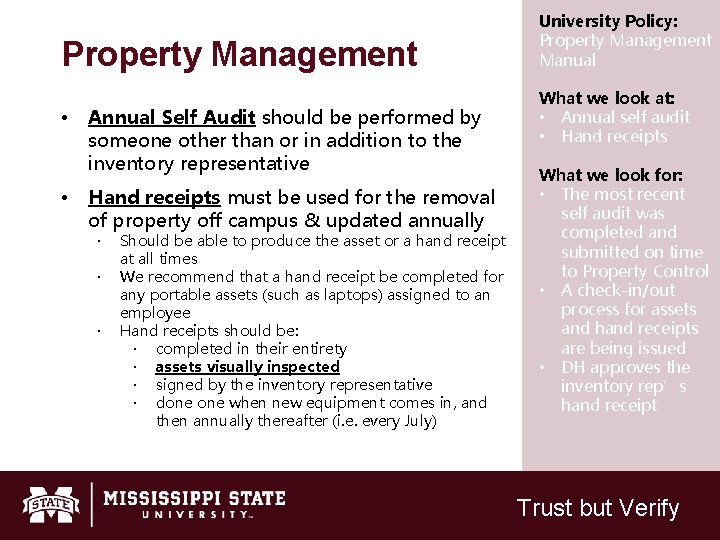 Property Management • • Annual Self Audit should be performed by someone other than