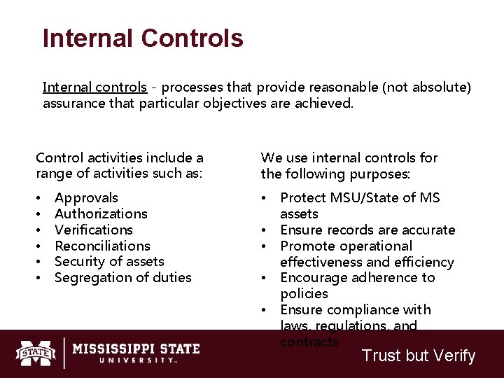 Internal Controls Internal controls - processes that provide reasonable (not absolute) assurance that particular