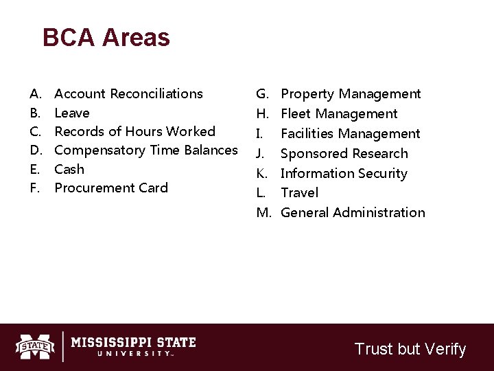 BCA Areas A. B. C. D. E. F. Account Reconciliations Leave Management Records of