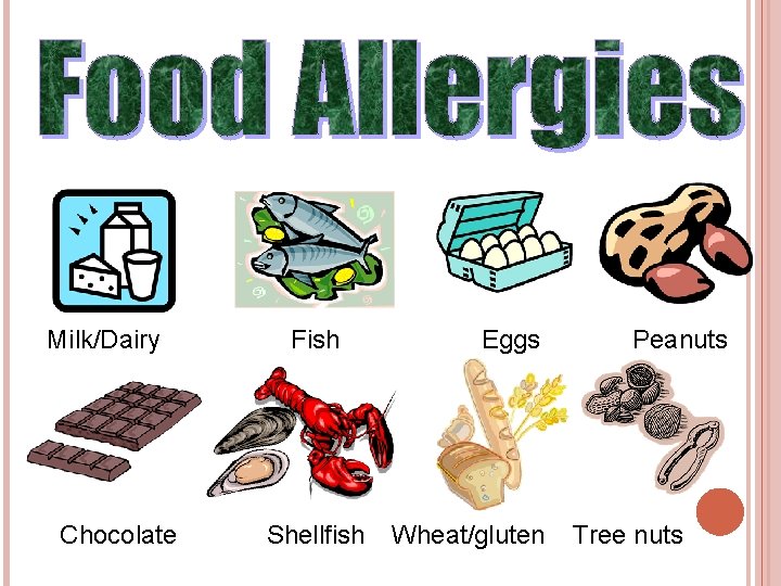 Milk/Dairy Chocolate Fish Shellfish Eggs Wheat/gluten Peanuts Tree nuts 