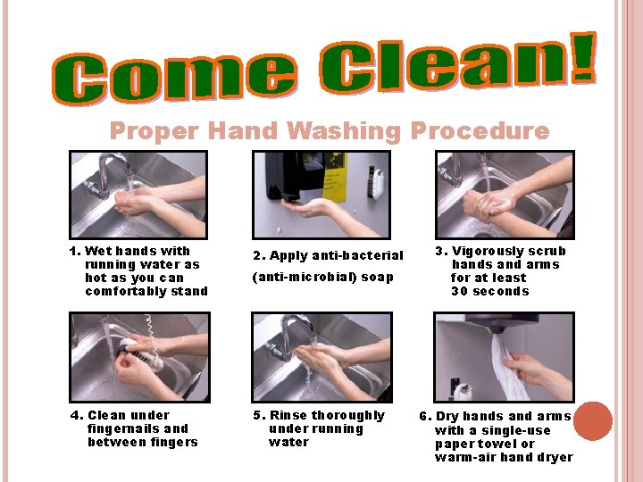 Proper Hand Washing Procedure 1. Wet hands with running water as hot as you