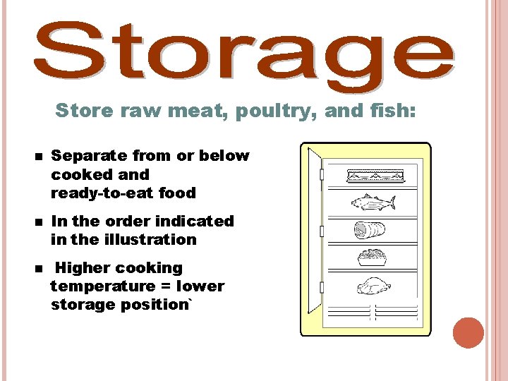 Store raw meat, poultry, and fish: n n n Separate from or below cooked