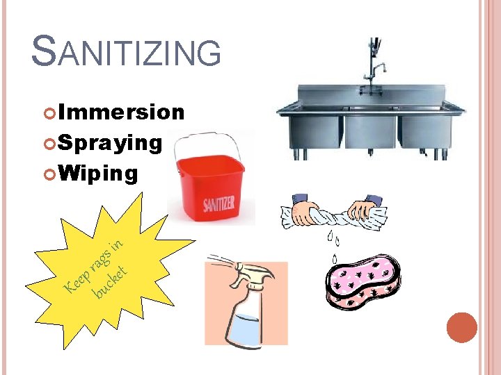 SANITIZING Immersion Spraying Wiping is n ar g t ee p cke K bu