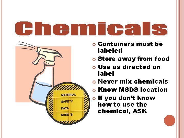 Containers must be labeled Store away from food Use as directed on label Never