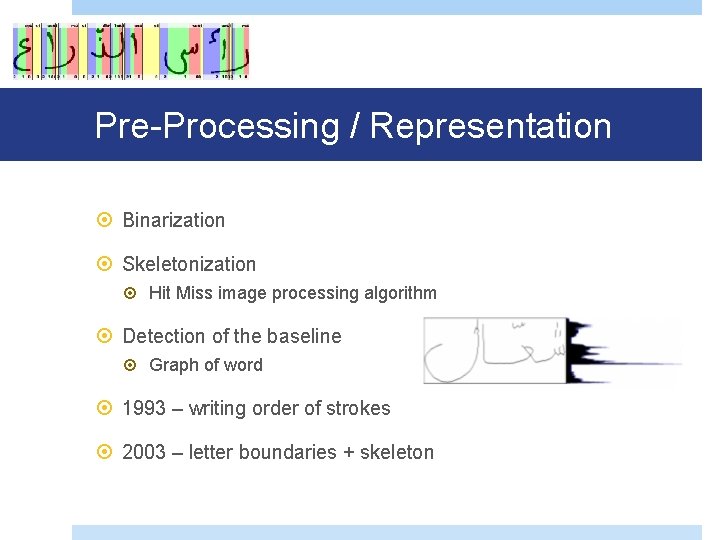 Pre-Processing / Representation Binarization Skeletonization Hit Miss image processing algorithm Detection of the baseline