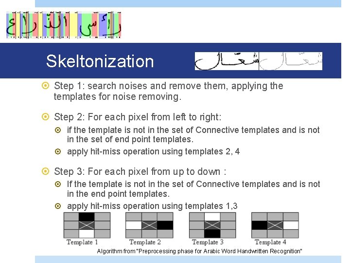 Skeltonization Step 1: search noises and remove them, applying the templates for noise removing.