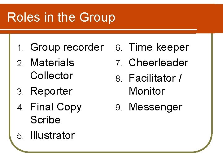 Roles in the Group 1. 2. 3. 4. 5. Group recorder Materials Collector Reporter