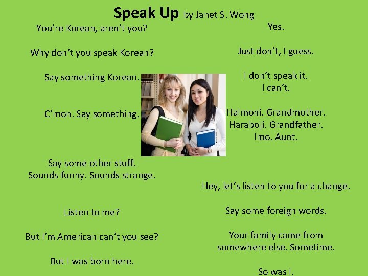 Speak Up by Janet S. Wong You’re Korean, aren’t you? Yes. Why don’t you