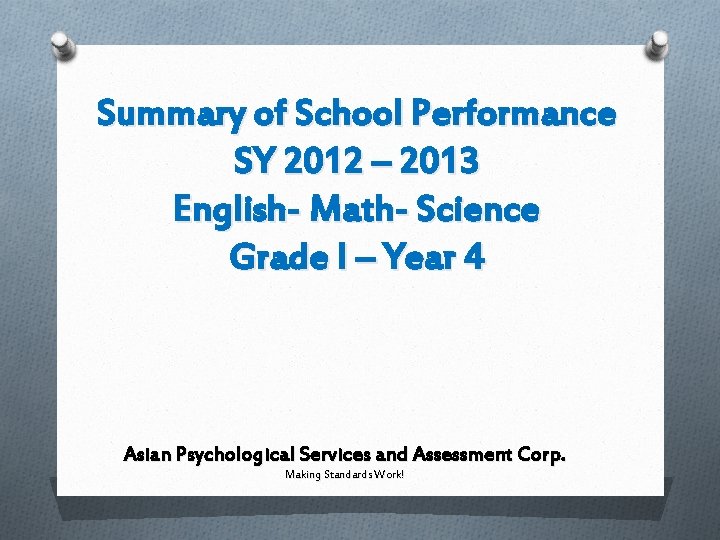 Summary of School Performance SY 2012 – 2013 English- Math- Science Grade I –