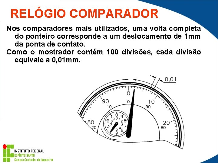 RELÓGIO COMPARADOR Nos comparadores mais utilizados, uma volta completa do ponteiro corresponde a um