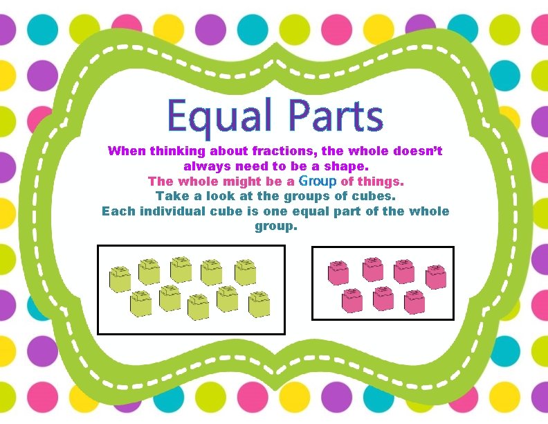 Equal Parts When thinking about fractions, the whole doesn’t always need to be a