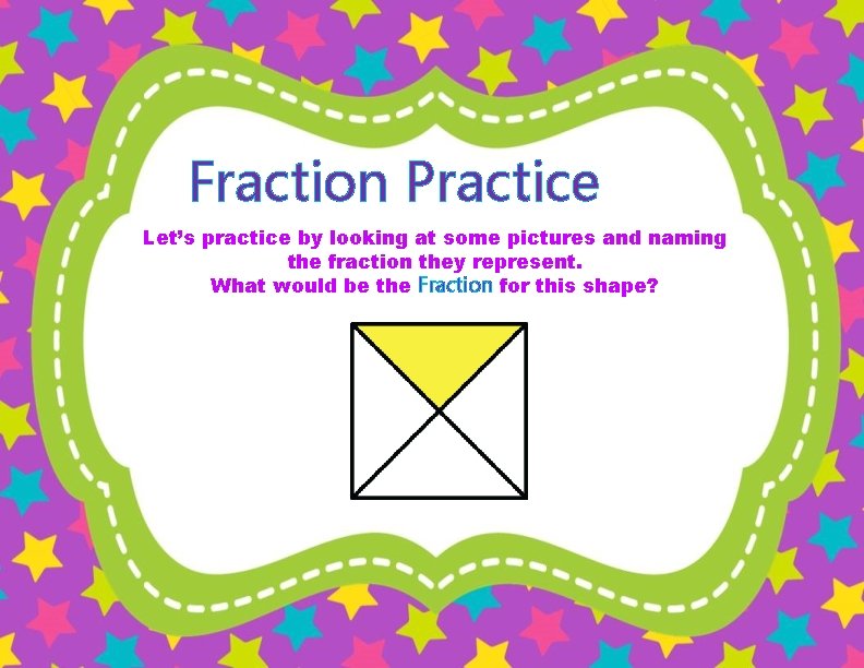 Fraction Practice Let’s practice by looking at some pictures and naming the fraction they