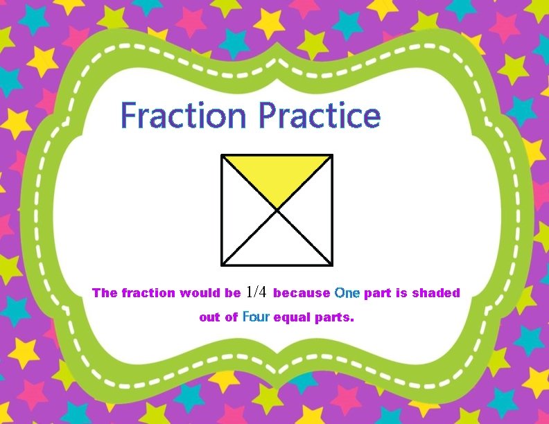 Fraction Practice The fraction would be 1/4 because One part is shaded out of