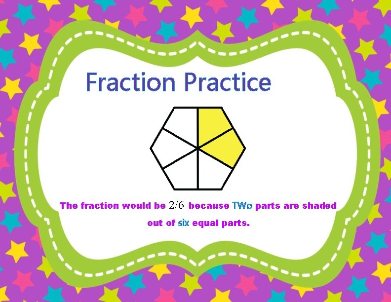 Fraction Practice The fraction would be 2/6 because TWo parts are shaded out of