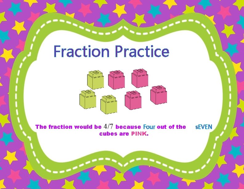Fraction Practice The fraction would be 4/7 because Four out of the cubes are
