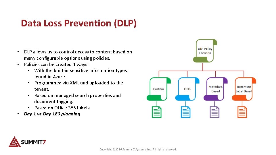 Data Loss Prevention (DLP) • DLP allows us to control access to content based