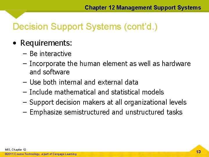 Chapter 12 Management Support Systems Decision Support Systems (cont’d. ) • Requirements: – Be