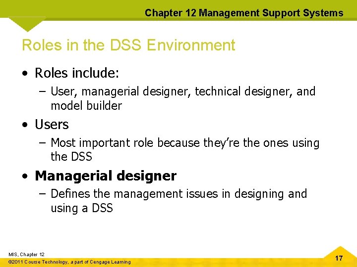 Chapter 12 Management Support Systems Roles in the DSS Environment • Roles include: –
